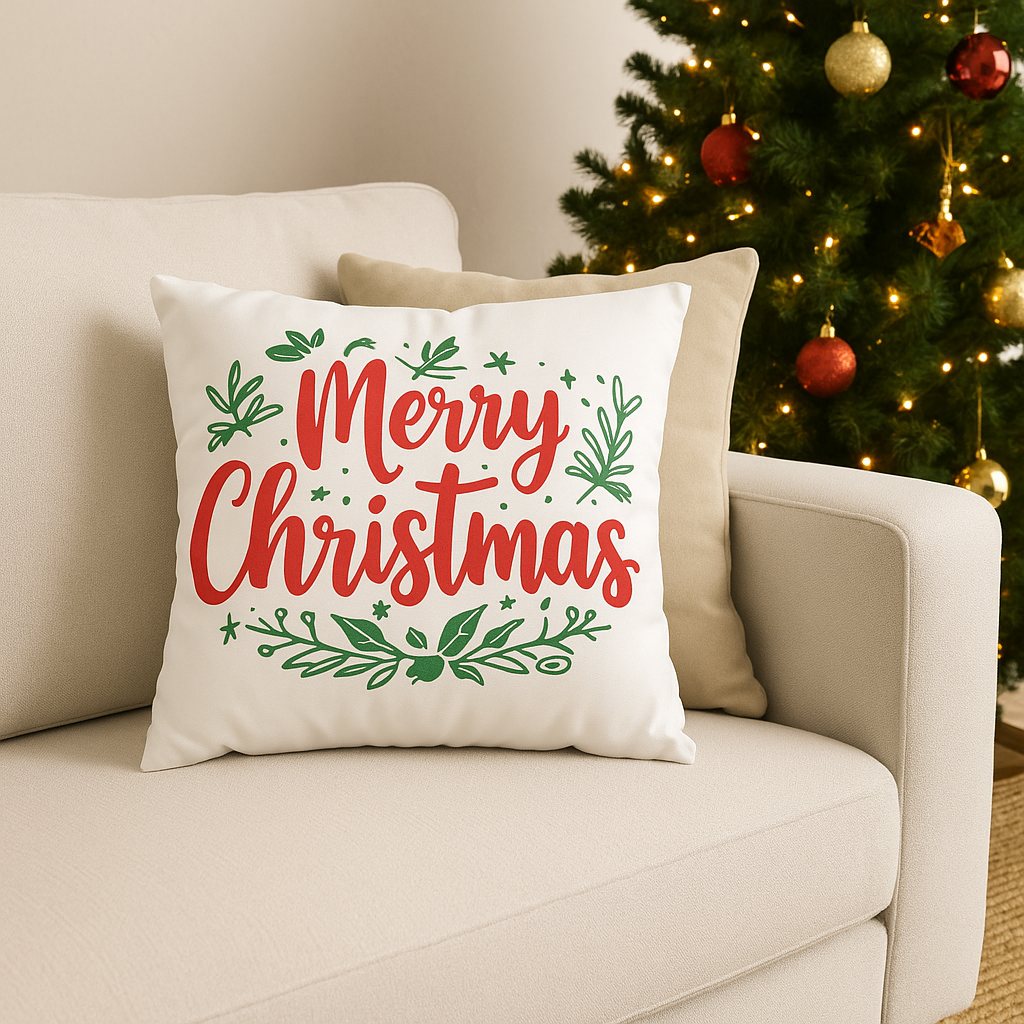 Merry Christmas Pillow Cover – White and Red Festive Cushion for Holiday Home Décor
