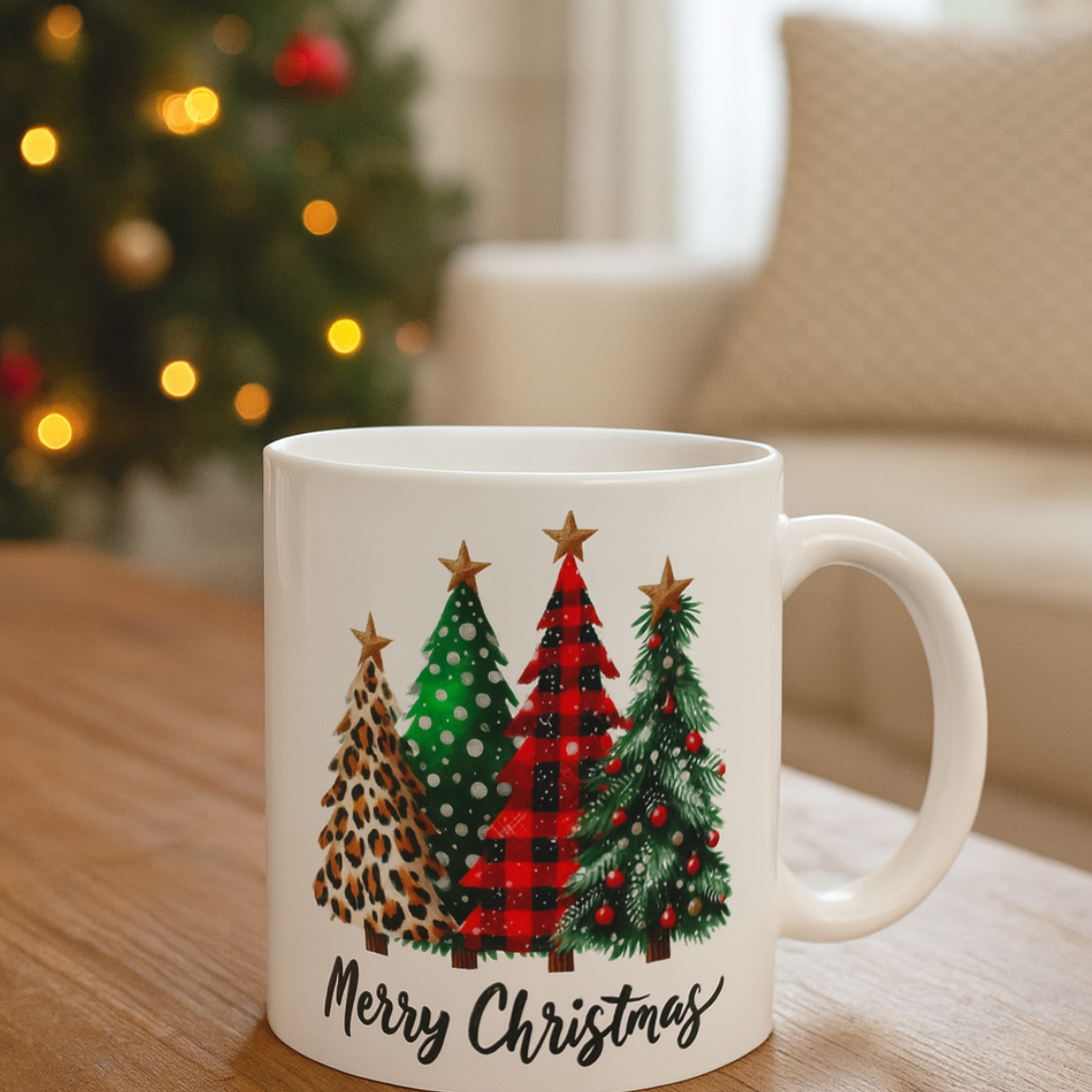 Merry Christmas Trees Mug – Holiday Coffee Cup