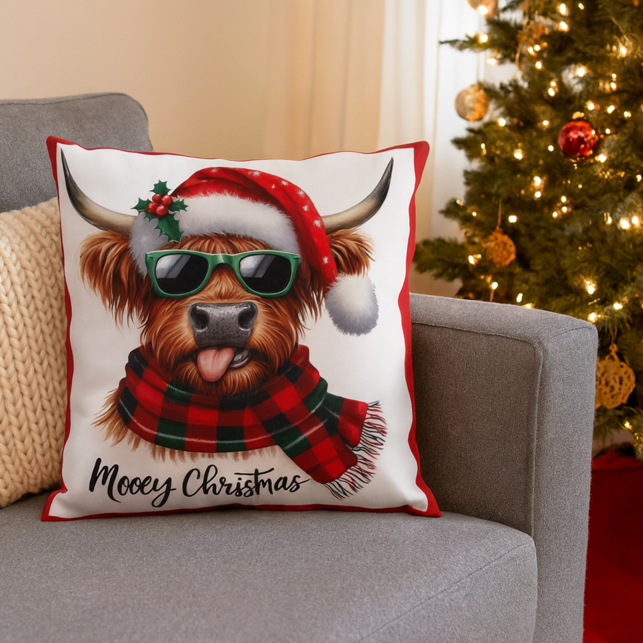 Mooey Christmas Highland Cow Pillow