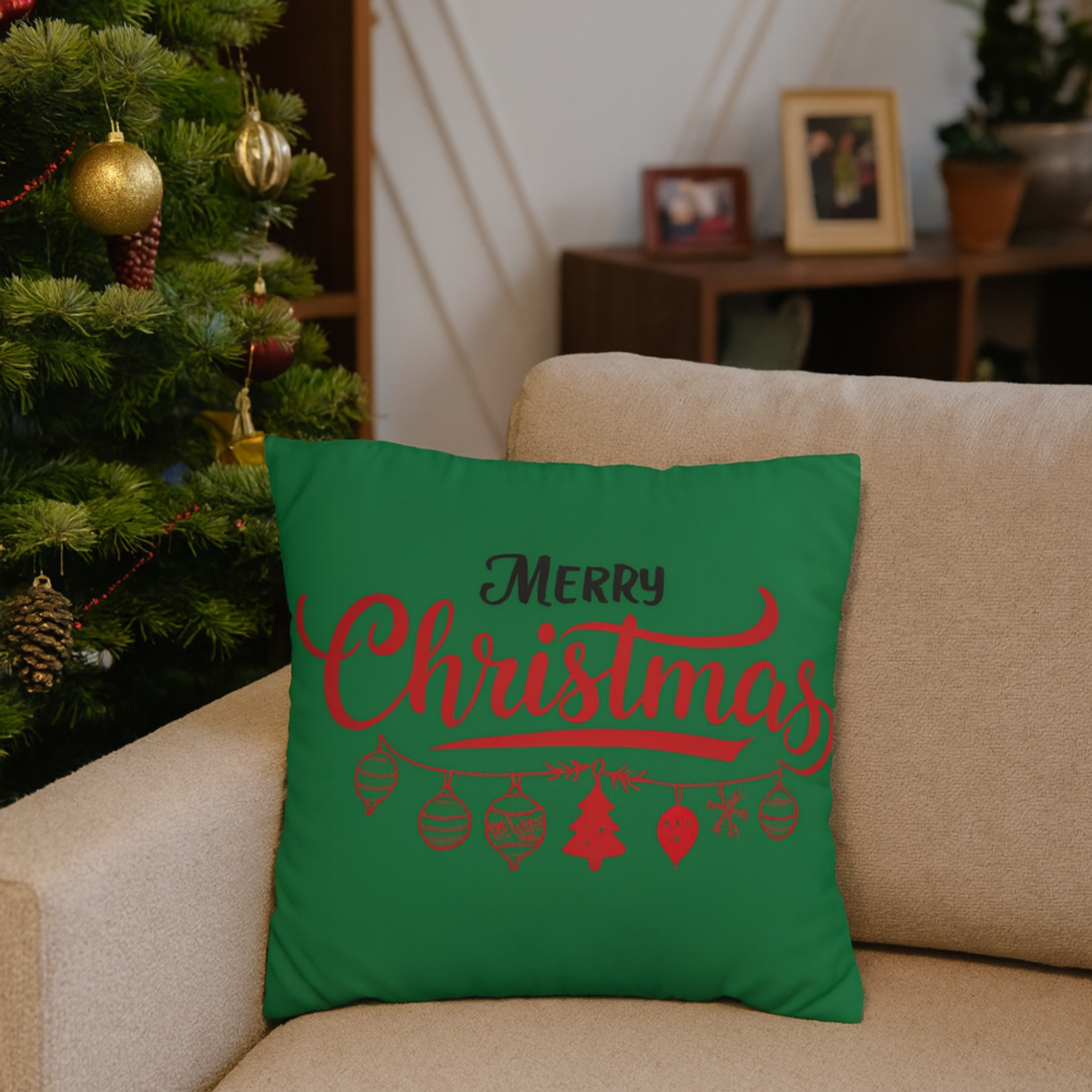 Merry Christmas Green Pillow Cover – Festive Red and Green Cushion for Holiday Home Décor