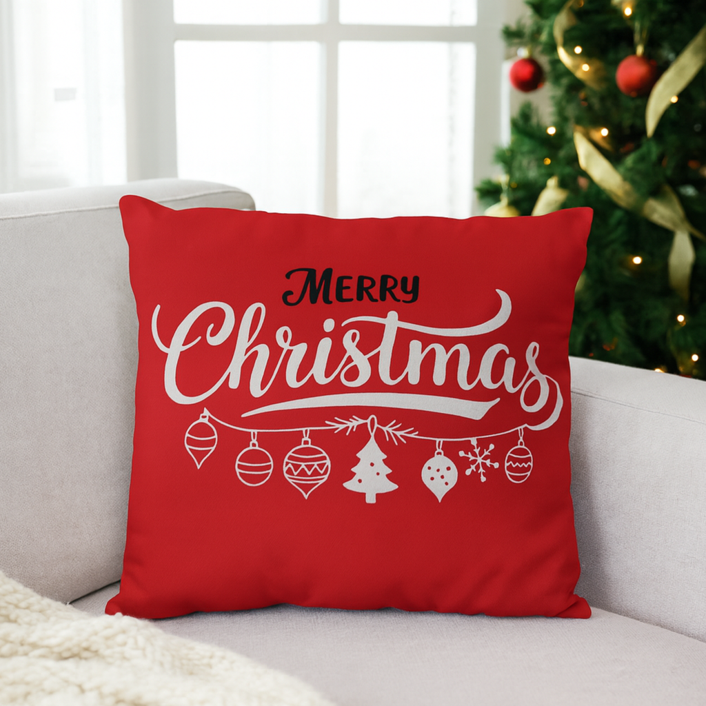Merry Christmas Decorative Pillow Cover – Red Festive Cushion for Holiday Home Décor